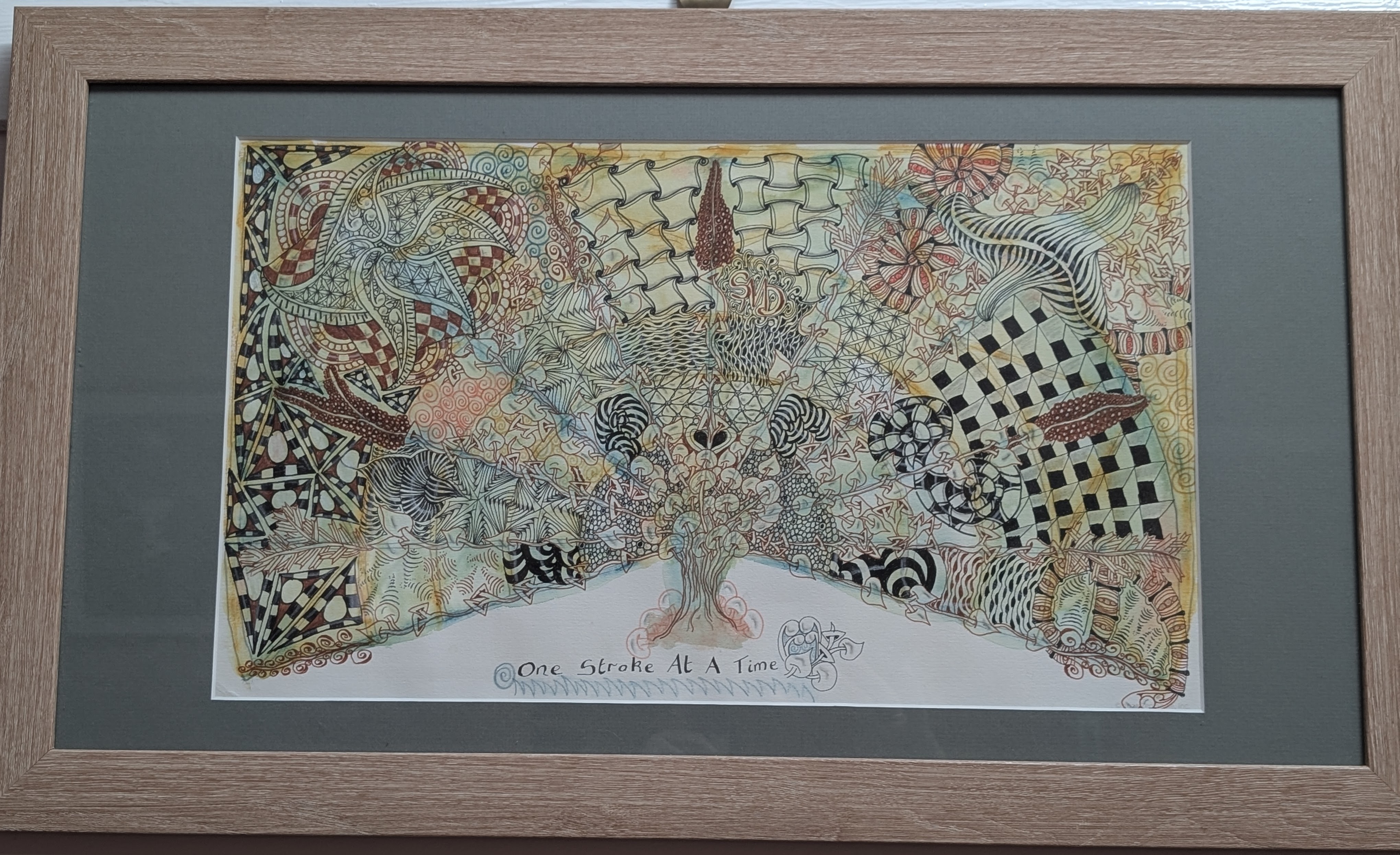 Personalised hand-drawn Zentangle tree artwork created by Sue as a commission