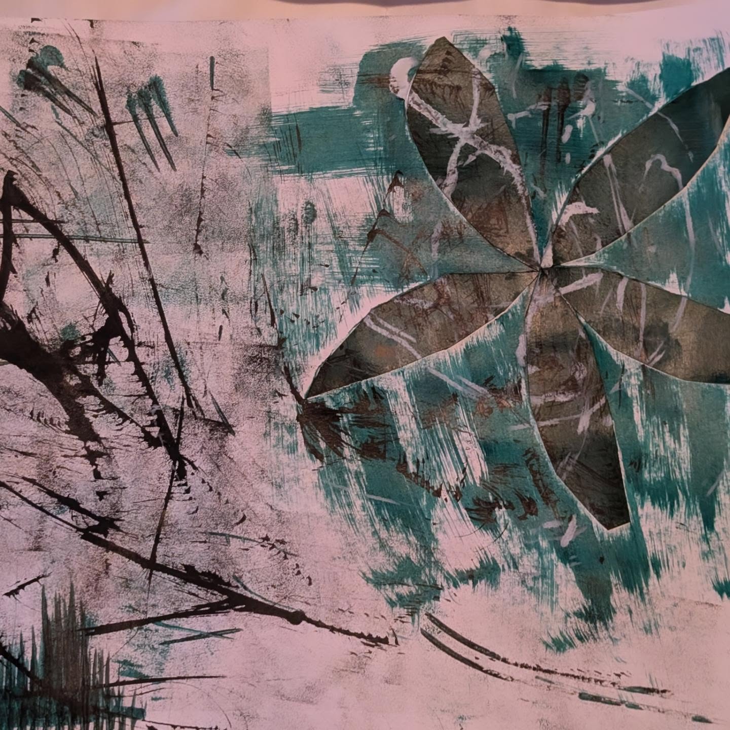 Gelli plate print in teal and blush with hand-drawn tangled shapes layered on top