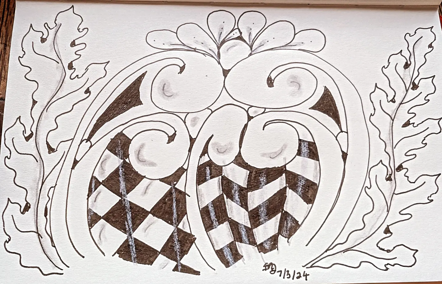 Black and white hand-drawn Zentangle study with flowing pods and checkerboard patterns
