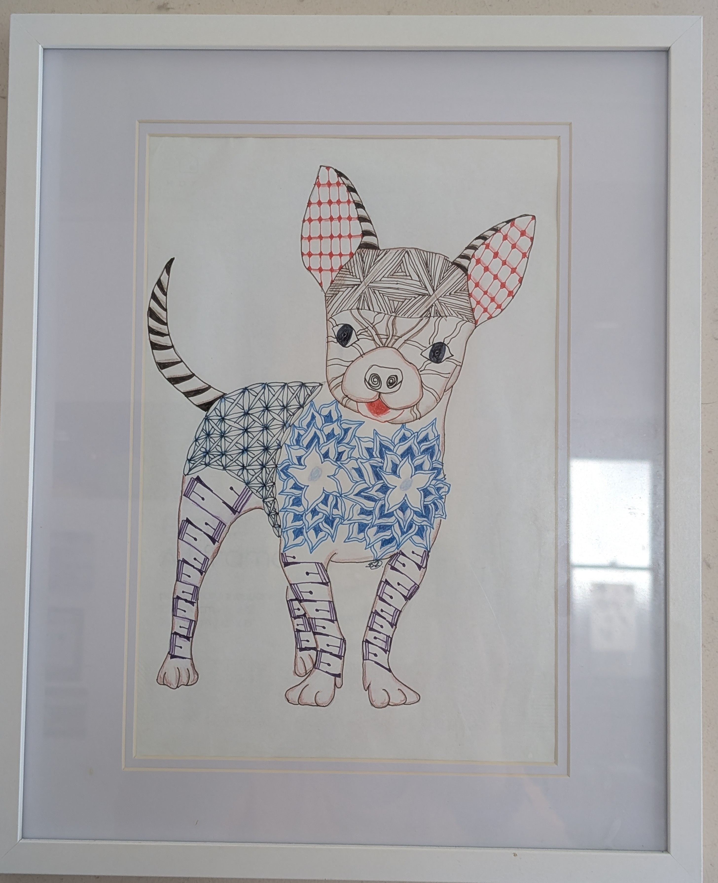 Original hand-drawn Zentangle artwork of a dog by Sue